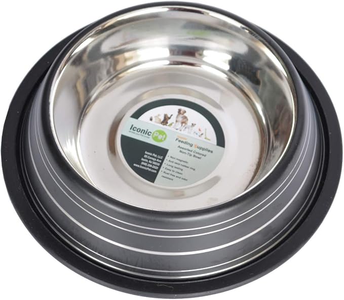 Iconic Pet Color Splash Stripe Non-Skid Stainless Steel Dog & Cat Bowl - Black, 32 Oz, 4 Cup, Durable, Easy to Clean, Anti-Slip Feeding Dish for Food & Water, Stylish Design for Dogs and Cats