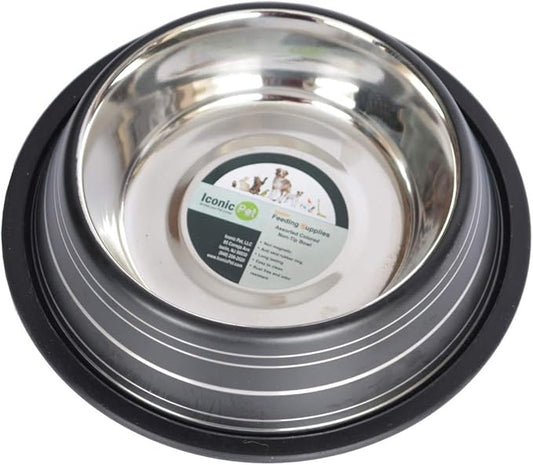 Iconic Pet Color Splash Stripe Non-Skid Stainless Steel Dog & Cat Bowl - Black, 32 Oz, 4 Cup, Durable, Easy to Clean, Anti-Slip Feeding Dish for Food & Water, Stylish Design for Dogs and Cats