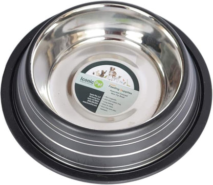 Iconic Pet Color Splash Stripe Non-Skid Stainless Steel Dog & Cat Bowl - Black, 16 Oz, 2 Cup, Durable, Easy to Clean, Anti-Slip Feeding Dish for Food & Water, Stylish Design for Dogs and Cats