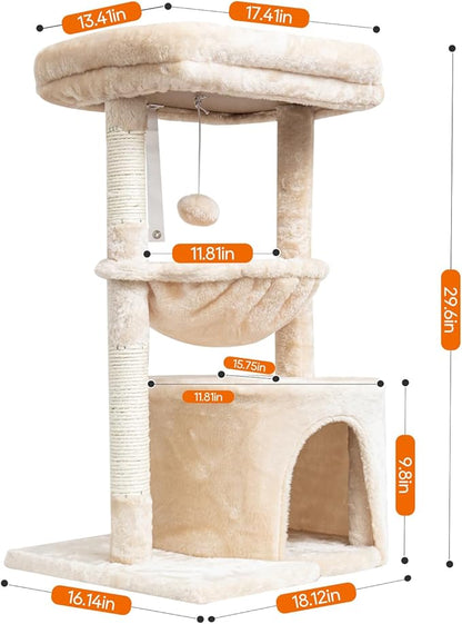 SYANDLVY Small Cat Tree for Indoor Cats, Kittens Condo with Scratching Post and Board, Modern Activity Tower with Cradle, Beige