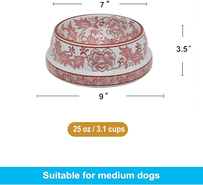 Aimusego Pink & White Ceramic Dog Bowl,Gifts for Pet Owners,Chinoiserie Floral Heavy Duty Non-Slip Dog Food Water Bowls, Ceramic Dish for Medium and Small Dogs and Cats, Puppy 9inch