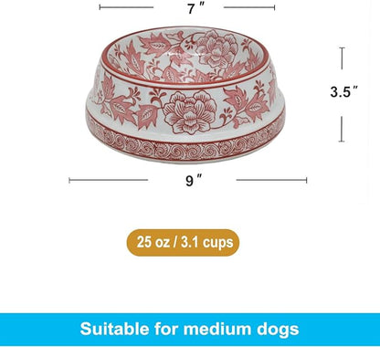 Aimusego Pink & White Ceramic Dog Bowl,Gifts for Pet Owners,Chinoiserie Floral Heavy Duty Non-Slip Dog Food Water Bowls, Ceramic Dish for Medium and Small Dogs and Cats, Puppy 9inch