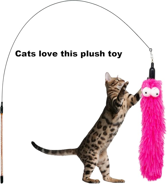 Cat Feather Toys, 1 Elasticity Cat Toy Wand and 8 Pieces Feathers Worms Refill, Interactive Teaser Cat Wand Toy for Indoor Cats Play Exercise
