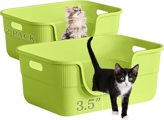 2 Pack Low Entry Kitty Litter Box for Small Cats, Kittens Litter Boxes with High Sides, Open Top, Anti-Splash Plastic Litter Pan for Medium Pets, Easy to Clean, 16.5" L*11.8" W*7" H (Green)