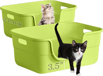 2 Pack Low Entry Kitty Litter Box for Small Cats, Kittens Litter Boxes with High Sides, Open Top, Anti-Splash Plastic Litter Pan for Medium Pets, Easy to Clean, 16.5" L*11.8" W*7" H (Green)