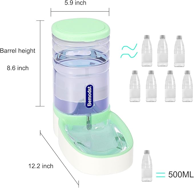 Bemodst Automatic Pet Water Dispenser - Automatic Cat & Dog Water Bowl, 3.8L Gravity Design, Suitable for Small & Medium-Sized Pets (Green)