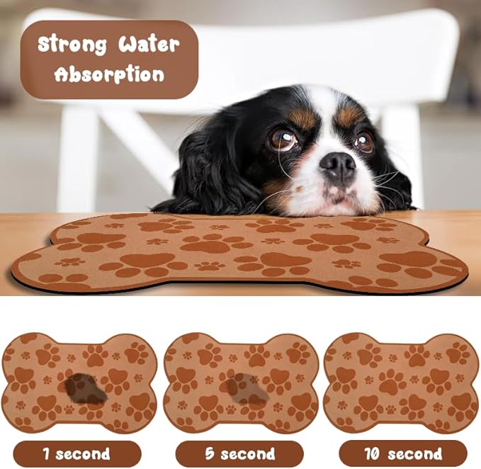 Dog Food Mats for Floors Waterproof, Pet Feeding Absorbent Water Bowl Mat Cat Placemats Brown Bone Shape 25.5 * 17 inch