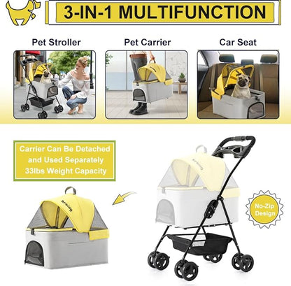 3-in-1 Pet Stroller for Small Dogs and Cats, Folding Lightweight Dog Stroller with Detachable Carrier Portable Cat Puppy Jogging Stroller with Cup Holder and Storage Basket, 4 Wheels