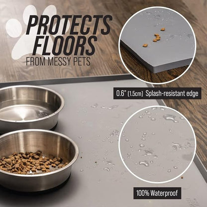 Leash Boss Dog Food Mat - Waterproof Cat & Dog Bowl Mat for Food and Water, Silicone Pet Feeding Mats for Floors, Non-Slip Placemat with High Edges, Puppy Essentials (XL: 25"x17", Navy)
