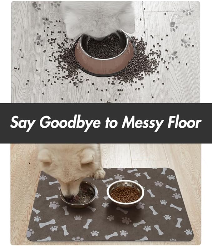MontVoo Dog Food Mat-Pet Feeding Mat for Food and Water-No Stains Quick Dry Dispenser Cat Bowl Mat for Messy Drinkers(14"x22" Brown)