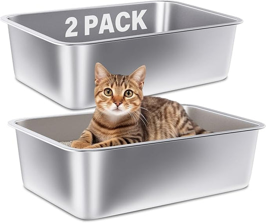 Stainless Steel Litter Box 2 Pack,Medium Metal Litter Box for Kitty/Cat/Rabbits, Easy to Clean, Non Stick Litterbox No Smell for Adult Cats