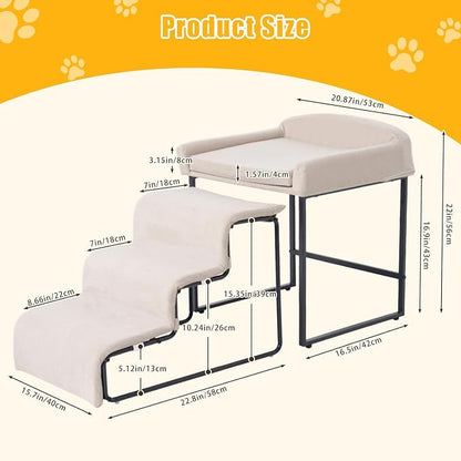 Dog Window Perch with Removable Stairs, Cat Window Seat with Cushioned Platform, Non-Slip Bedside Foam Pet Bed for Cats and Dogs, Beige