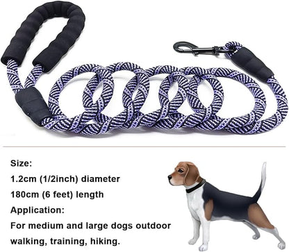 MayPaw Heavy Duty Rope Dog Leash, 6/8/10FT Nylon Pet Leash, Soft Padded Handle Thick Lead Leashes for Large Medium Dogs Walking Roaming (6ft * 1/2", Purple Black)