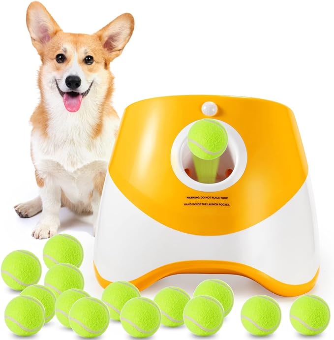 Automatic Dog Ball Launcher, Dog Ball Thrower with 15 Mini Tennis Balls Sizing 2 Inch and Mesh Bag, Interactive Dogs Toys Tennis Balls Launcher for Small Dogs with 3 Distance Settings