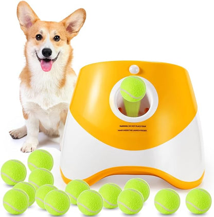 Automatic Dog Ball Launcher, Dog Ball Thrower with 15 Mini Tennis Balls Sizing 2 Inch and Mesh Bag, Interactive Dogs Toys Tennis Balls Launcher for Small Dogs with 3 Distance Settings