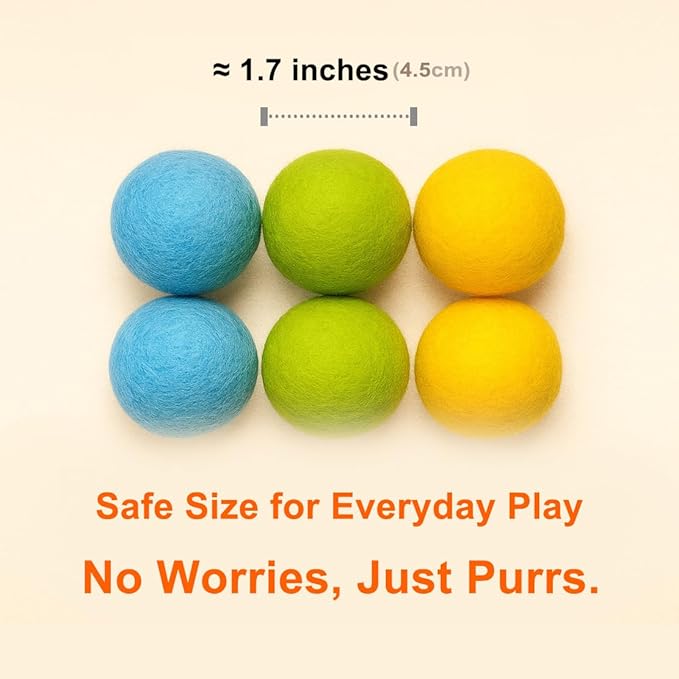 100% Wool Felt Cat Toy Balls – 6-Pack, 3 Colors – Natural, Durable & Safe Size for Indoor Cats