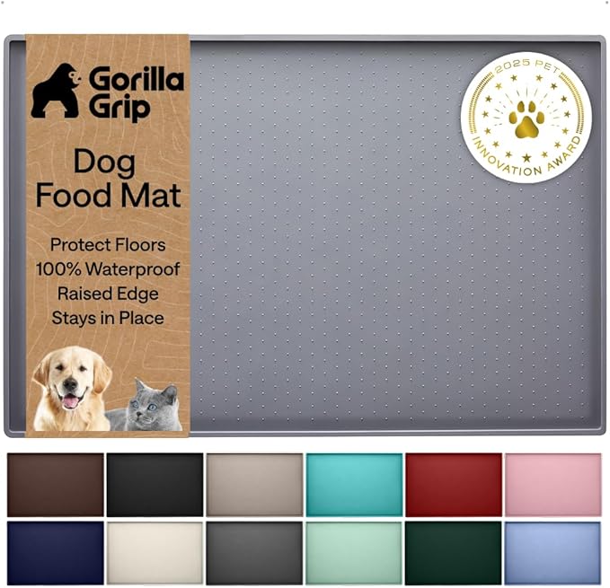 GORILLA GRIP 100% Waterproof Raised Edge BPA Free Silicone Pet Feeding Mat, Dog Cat Food Mats Contain Spills Protects Floors, Placemats for Cats and Dogs Water Bowl, Pets Accessories 16x10, Gray