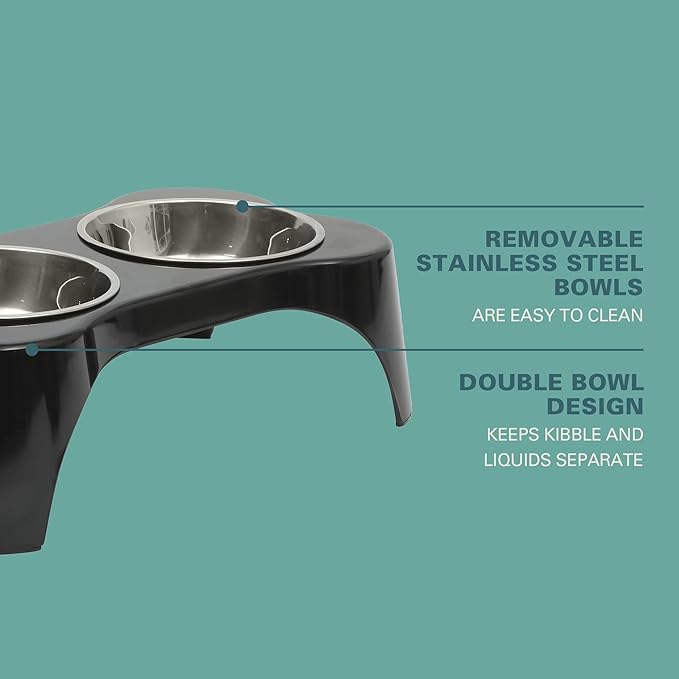 Gibson Home Bow Wow Meow 3-Piece Elevated Dog Bowl Set – Bone-Shaped Raised Feeder with 2 Stainless Steel Bowls for Medium to Large Dogs, Non-Slip, Easy to Clean, Black