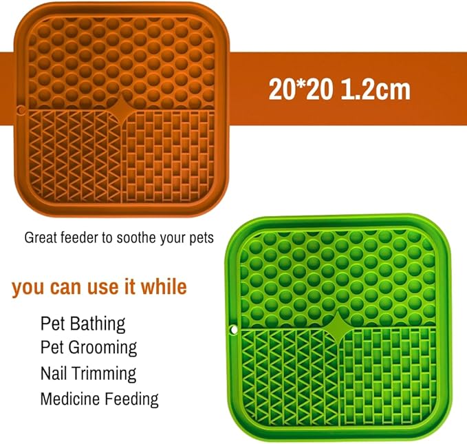 Dog Lick Mat 2-Pack (Orange & Green) with Spatulas – Silicone Licking Pads for Dogs & Cats, Peanut Butter Slow Feeder, Strong Suction, Anxiety Relief for Bath & Grooming, Dishwasher-Safe
