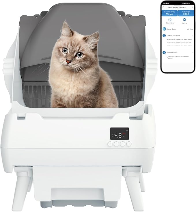 Automatic Cat Litter Box Self Cleaning - App Control, Open-Design, Smart Health Monitor, Suitable for Medium Cats and Kittens, Anti-Pinch Safety, Quiet Operation - White