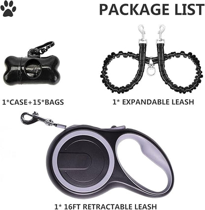 Dual Retractable Dog Leash for 2 Dogs (Grey) - 16ft Heavy Duty Leash with One Button Lock & 360° Tangle-Free Design, for Medium/Large Dogs up to 110lbs/50kg