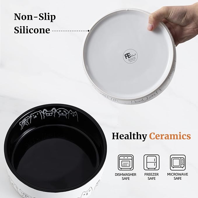 Fun Elements Ceramic Dog Bowls - Large, Non-Slip, 64 Fl Oz, Black with Adorable Dog Patterns (Large, Black)