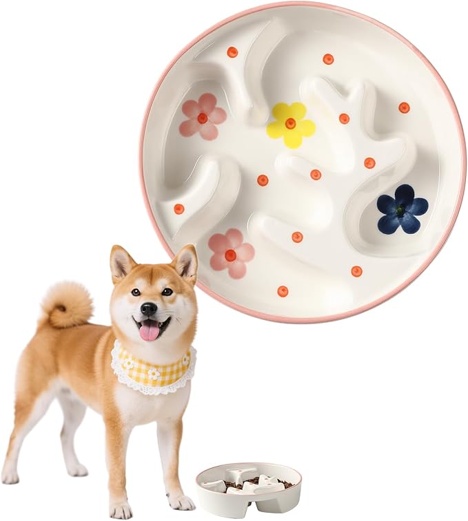 Ceramic Slow Feeder Dog Bowl - Portion Control Feeding Bowl for Medium Dogs – Cute Maze Food Dish for Fast Eaters - 3.1 Cups (310 g) - Doodle Series (Petal)