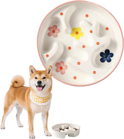 Ceramic Slow Feeder Dog Bowl - Portion Control Feeding Bowl for Medium Dogs – Cute Maze Food Dish for Fast Eaters - 3.1 Cups (310 g) - Doodle Series (Petal)