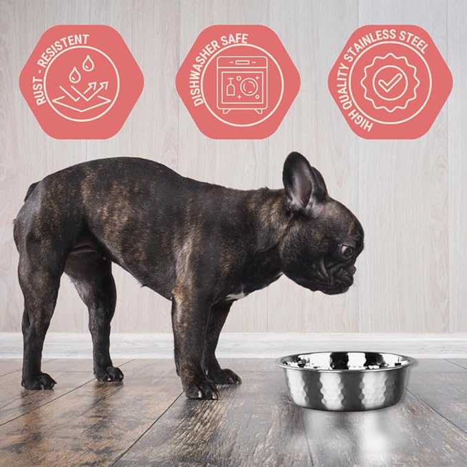 2pcs Stainless Steel Dog Bowls, Hammered Thickened Metal Dog Bowl Feeding or Water Bowls for Small/Medium/Large Sized Dogs & Cats Stackable Metal Cat Bowl Dishwasher Safe, Silver