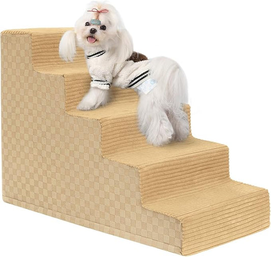 Vfrog Dog Stairs for Small Dogs,22" H,5-Step Dog Steps Ramp for Bed and Couch with High Density Foam,Non-Slip Pet Steps for Dogs and Cats,Pet Stairs with a Washable Cover,Khaki