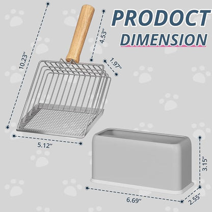 Cat Litter Scoo Easy Use Metal Litter Scoop with Comfortable Beech Wood Grip - One Easy to Clean Stand is Included