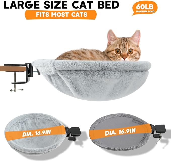 Cat Perch Nest Attach to Desk - Cozy 2 in 1 Office Mount Kitty Hammock with Net Cover for Summer Cool, Mounted by Enhanced Clamp Attachment, Support up to 60lbs, Ideal Co Worker Gift