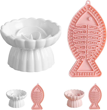 Ceramic Slow Feeder Cat Bowl 5.5inch with Lick Mat,Elevated Food Bowl for Cats and Small Dogs,Cute Flower Shape for Dry and Wet Food-White Bowl+Pink Lick Mat