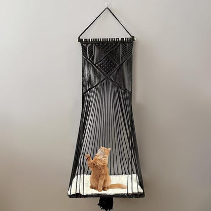 Macrame Hanging Cat Hammock Bed Cat Swing House Space Saving Window Perch with Washed Cotton Cats Toy Tassel Basket Tapestry (Black, Swing Bed+Cushion, XL)