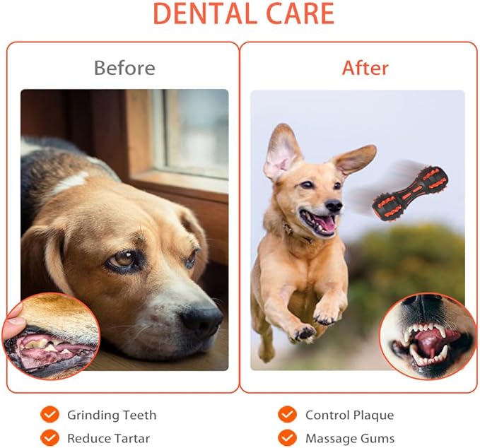 AUSCAT Teething Dog Toys, Durable Squeaky Dog Toys, Rubber Chew Toys for Dogs, Dumbbell Shape, Black (Not for Aggressive chewers)