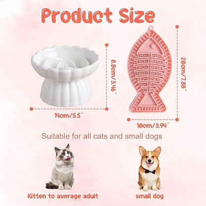 Ceramic Slow Feeder Cat Bowl 5.5inch with Lick Mat,Elevated Food Bowl for Cats and Small Dogs,Cute Flower Shape for Dry and Wet Food-White Bowl+Pink Lick Mat
