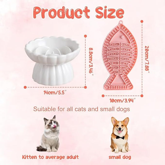 Ceramic Slow Feeder Cat Bowl 5.5inch with Lick Mat,Elevated Food Bowl for Cats and Small Dogs,Cute Flower Shape for Dry and Wet Food-White Bowl+Pink Lick Mat