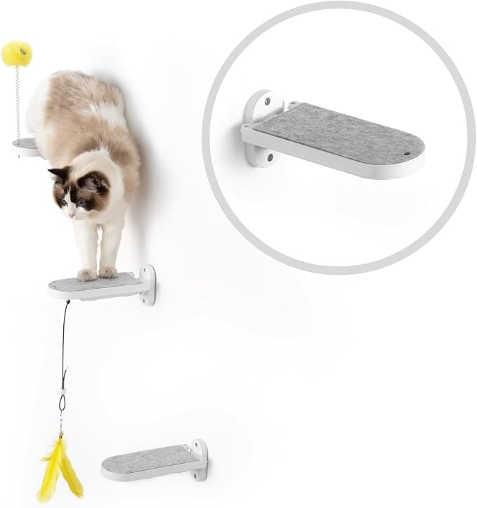 SVD.PET (3-Pack) Cat Wall Steps, Cat Climbing Stairs with Replaceable Felt Pad, Cat Climbing Shelves for Wall Mounted with Cat Toy, Cat wall Furniture for Kitten, Medium and Large Cats (White)