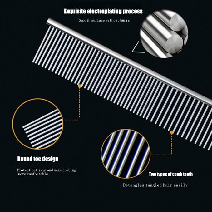 Stainless Steel Dog Grooming Comb, Suitable for Cats and Dogs, Round Comb Teeth, Double Teeth Pet Comb, Pet Hair Combing and Cleaning, Removing Tangles