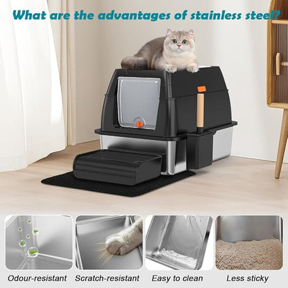 SZEE XL Stainless Steel Litter Box with Lid, Extra Large Metal Covered Litter Box, Stainless Box Easy Clean, Activated Charcoal Odor Control Design, Includes Litter Scoop & Mat & Step, Black