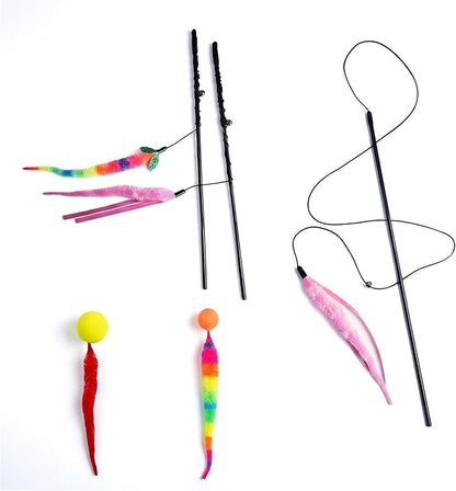 Interactive Cat Wand Toy Set - 4 Pack Entry Level with Bouncy Balls, Worm Teasers & Rainbow Bug Attachments for Indoor Cats & Kittens