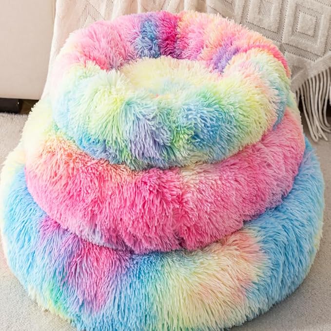 Cat Beds for Indoor Cat Dog Bed Dog Donut Bed Small Pet Bed Dog Calming Bed Warm Puppy Bed Cat Beds Baby Kitten Bed Fluffy Donut Bed Up to 7 Lbs Small Pet