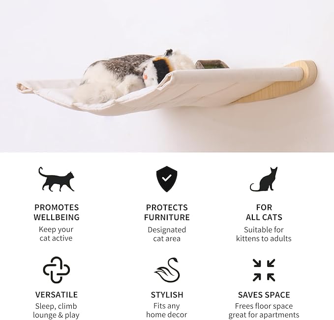 Cat Hammock Wall Mounted Shelf with Two Steps - Cat Wall Shelves and Perches for Sleeping, Playing, Climbing, and Lounging - Modern Bed & Furniture for Large Cats or Kitty