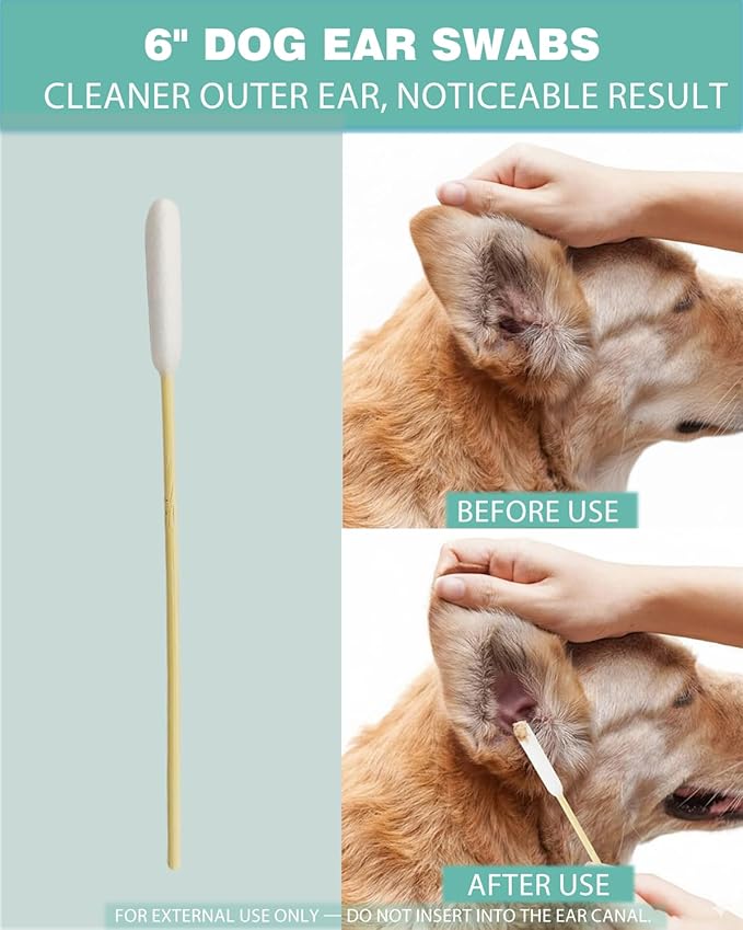Dog Ear Swabs 200 Count - 6 Inch Long Cotton Swabs for Dogs, Large Bamboo Pet Ear Cleaning Swabs | Sturdy, Gentle, Lint-Free Applicator for Tear Stains, Nose Folds & Daily Grooming Care