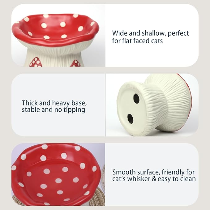 Ceramic Cat Bowl, Cute Red Mushroom Elevated Cat Food Dish, Shallow Raised Feeder, Anti Vomiting, Stress Free, Whisker Fatigue