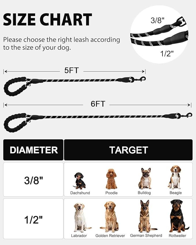 Joytale Dog Leash for Large Dogs, Heavy Duty Nylon Leashes with Comfortable Padded Handle and Highly Reflective Threads, Ideal for Walking and Training, Black, 5'×1/2''