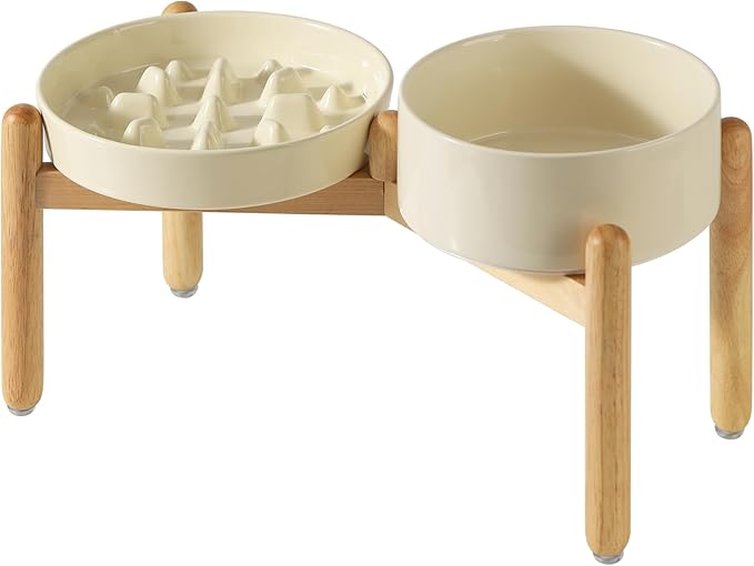 Ceramic 3.2 Cup Raised Slow Feeder Dog Bowl Set, Elevated 8.2inch Bowl and 9.5inch Slow Pet Food Dish with Wooden Stand for Large Dog (2 xLight Yellow+ Stand)
