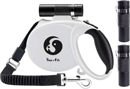 Retractable Dog Leash with Flashlight - Happy & Polly 16.4ft Dog Walking Leash with Anti-Slip Handle, Strong Nylon Tape, One-Handed Brake, Tangle Free, Taichi Pattern