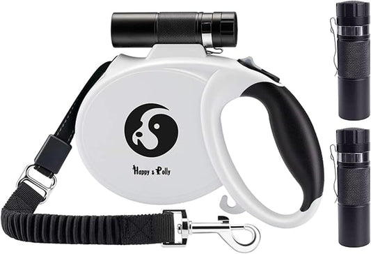 Retractable Dog Leash with Flashlight - Happy & Polly 16.4ft Dog Walking Leash with Anti-Slip Handle, Strong Nylon Tape, One-Handed Brake, Tangle Free, Taichi Pattern