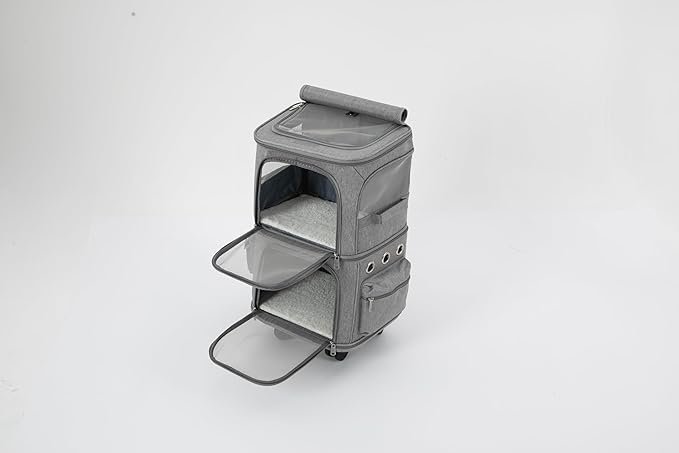 Rolling Pet Carrier for 2 Pets,Double-Compartment Pet Rolling Carrier with Wheels for 2 Pets,for Up to 22 LBS,Super Ventilated Design,Ideal for Traveling/Hiking/Camping (Grey)